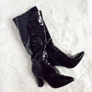 size 8 (could fit 7.5) womens black croc leather knee high heeled boots